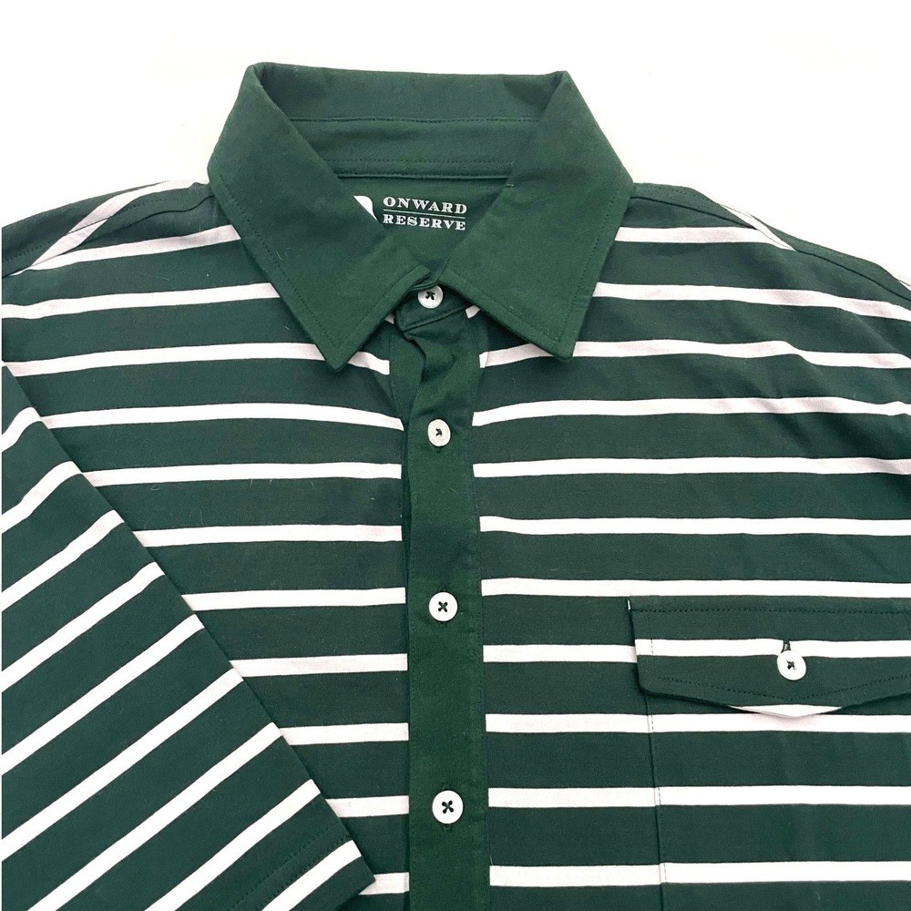 Onward Reserve Polo Shirt Mens Large Green Striped Cotton Short Sleeve Pocket